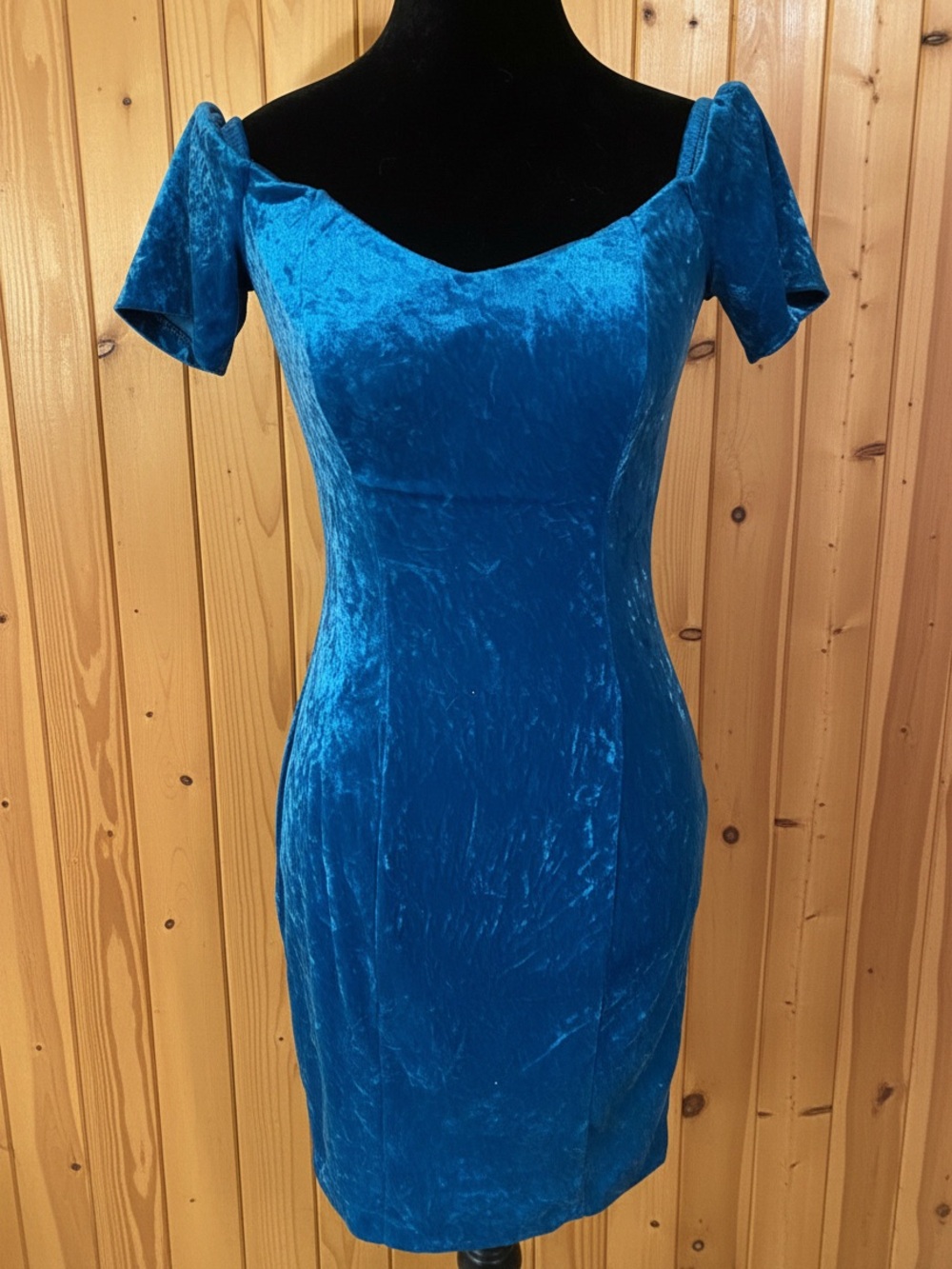 90’s Vintage Blue Velvet Off-Shoulder Mini Dress